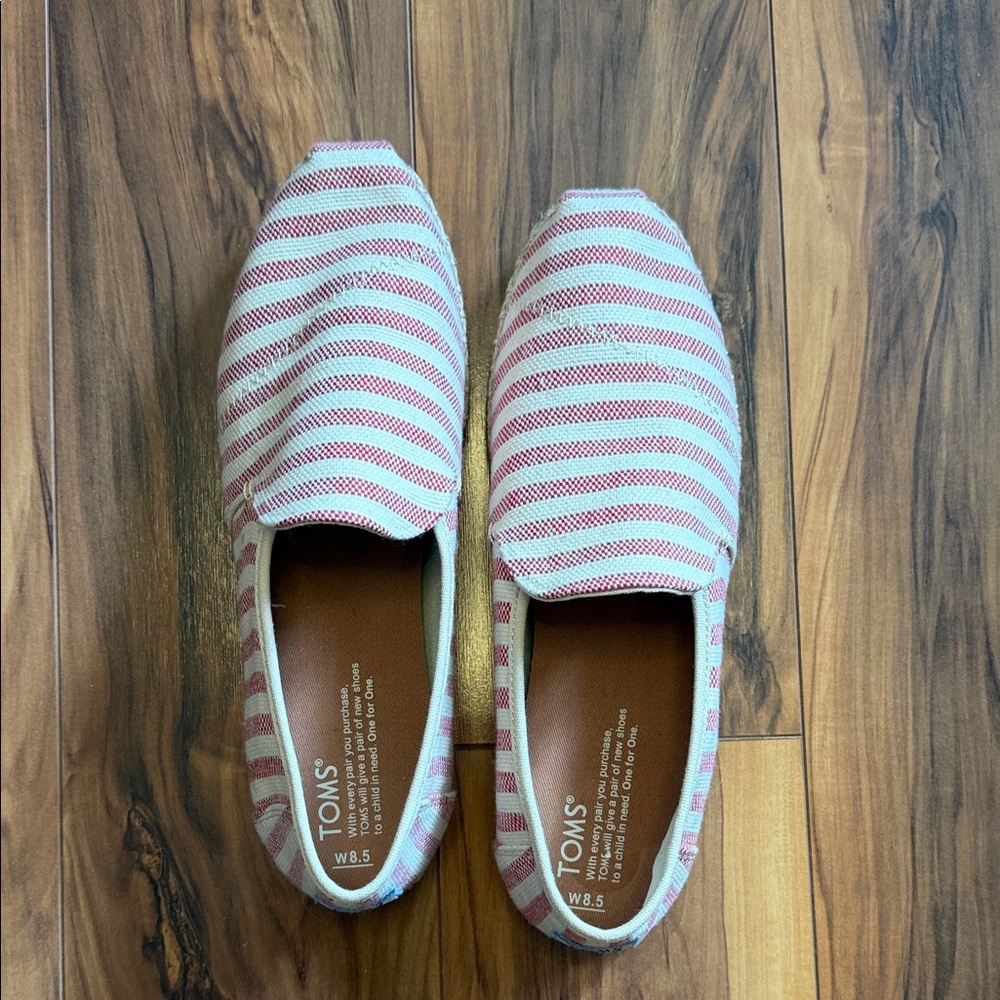 TOMS Pink and White Striped Slippers